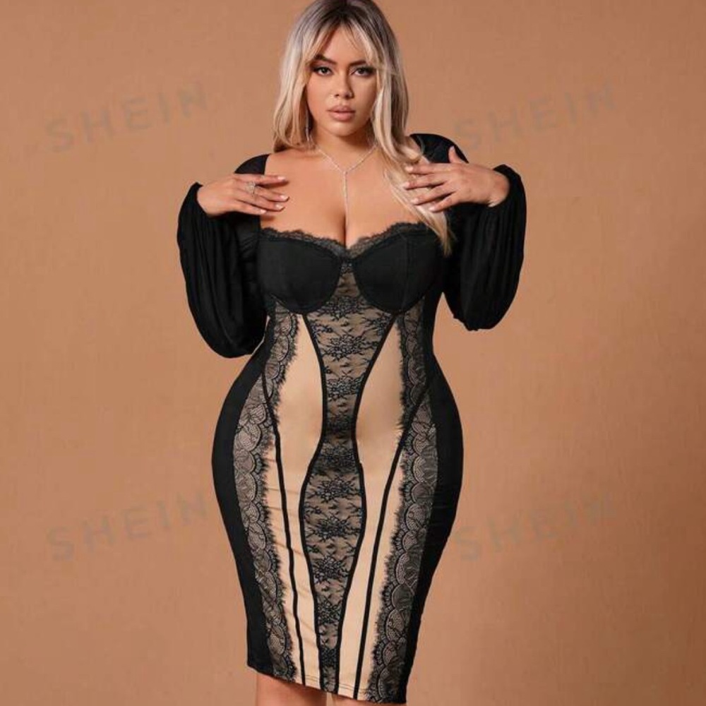 SHEIN Plus Color Block Lace Patchwork Dress